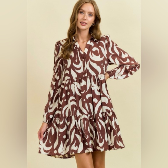 Doe & Rae Dresses & Skirts - Doe and Rae Chocolate Leaf Printed Poplin Half Button Down Mini Dress